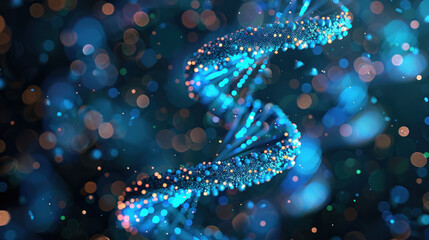 Aufkleber - A vibrant DNA double helix structure with glowing particles and bokeh background, symbolizing genetic science and innovation.