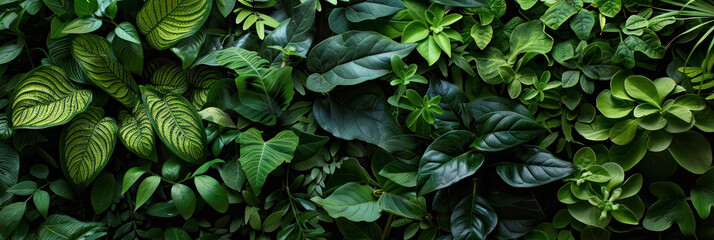 Lush green foliage creates vibrant and serene atmosphere, showcasing various leaf shapes and textures.