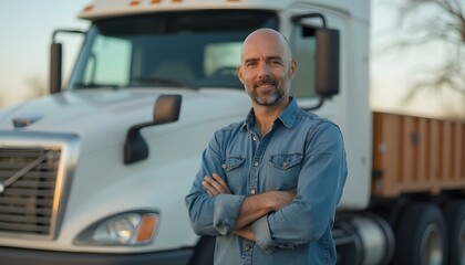 A confident driver in shirt and jeans standing in front on his truck and looking at camera