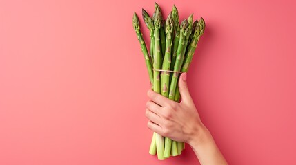 Woman hands holding a bunch of fresh asparagus.