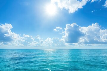 Panorama of clear sky background for summer vacation concept at ocean and summer sea water with sunlight of beautiful cloudy sky , ai