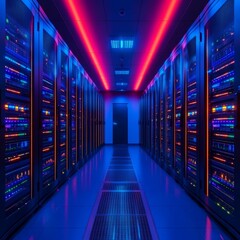 Wall Mural - Modern Data Center With Server Racks, Illuminated by Red and Blue Lights, Technology Concept