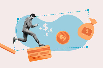 Poster - Trend artwork sketch image composite 3D photo collage of money dollar banknote credit card bank young man walk hand hold smartphone trader