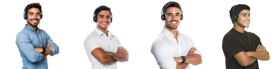 Poster - Standing on a transparency background, a happy call center executive looks away