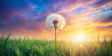 Wall Mural - Tranquil scene of a dandelion in a lush meadow under a pastel sky