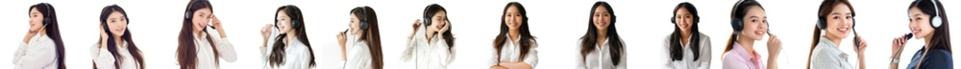 Poster - The set shows a happy young businesswoman wearing a headset standing in a call center on a transparent background