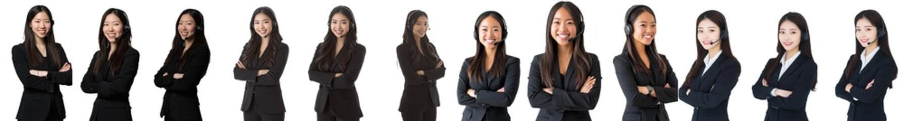 Poster - On a transparent background, a happy young businesswoman wears a headset.