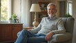 © Mdesigns - A Happy American senior man sitting on sofa at nursing home looking at camera