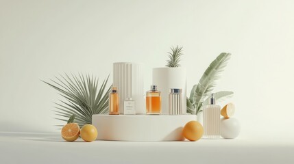 Sticker - Minimalist Product Display with Perfume Bottles and Citrus Fruit on a White Platform