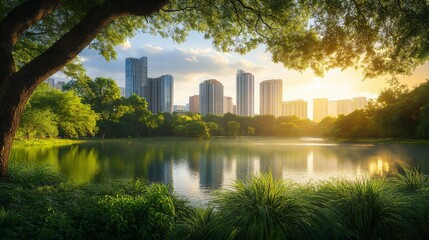 Wall Mural - A serene city park with lush greenery, overlooking the skyline at sunrise.