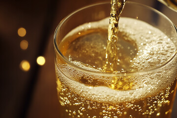 Poster - Close-Up View of Cider Pouring into Glass Showcasing Bubbles and Golden Hue