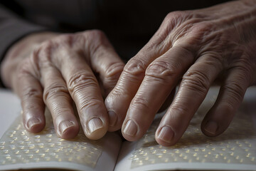 Wall Mural - hands of a visually impaired person reading a braille book, with their fingers gently gliding over t