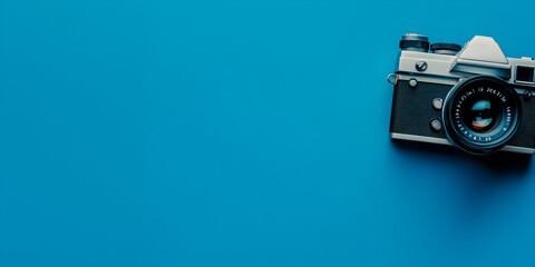 Film camera icon web banner. Film camera icon isolated on blue background with copy space.