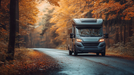 Wall Mural - A motorhome travels along a serene forest road, surrounded by vibrant autumn trees. The warm colors create a peaceful atmosphere perfect for a fall getaway