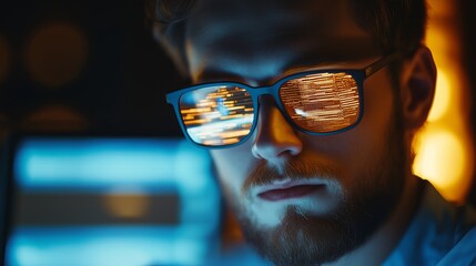 Poster - young man wearing stylish sunglasses with glowing reflections works on a computer in a dimly lit roo
