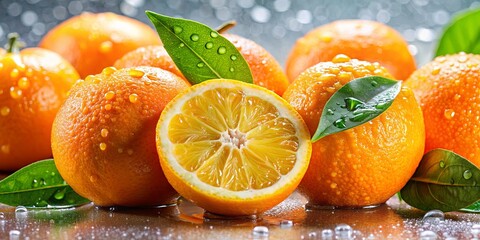 Wall Mural - A vibrant collection of juicy oranges with droplets of water, topped off with a fresh green leaf