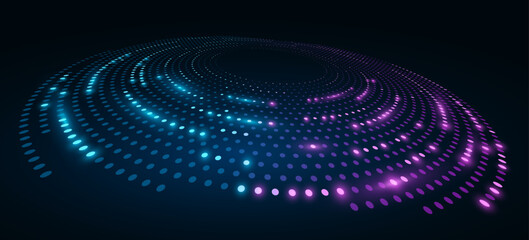 Poster - Digital circles of glowing blue and purple dots on black background. Perspective view to abstract dotted circle. Big Data visualization into cyberspace. Vector illustration. EPS 10.