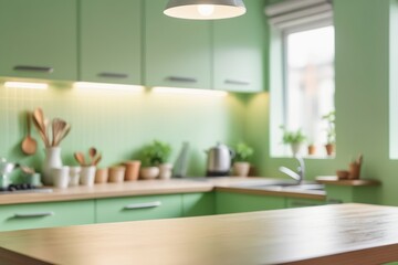 Wall Mural - A bright, modern kitchen with sleek furniture and a dining table, featuring wooden chairs and a spacious floor, illuminated by natural light from large windows, showcasing luxury