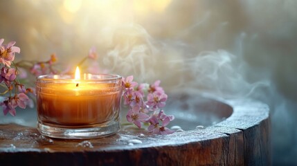 A lit candle in a glass container on the edge of a rustic wooden tub, with delicate flowers beside it and a soothing steam mist swirling around,