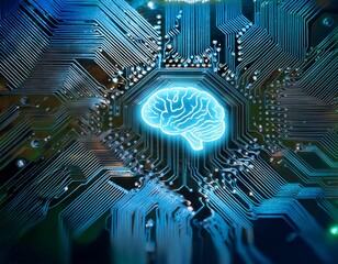 Poster - intricate circuit board with illuminated brain symbol representing artificial intelligence technolog
