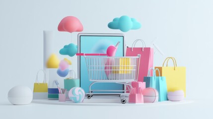 Poster - Shopping Cart with Bags and Phone Against White Background