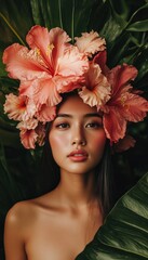 Woman with large corals and pink flowers posing gracefully.