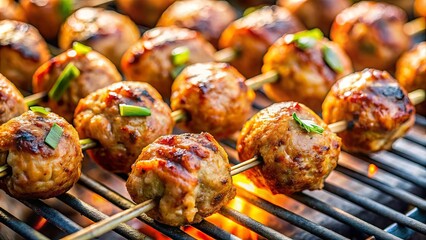 Close-up of meatballs on skewers grilling on a BBQ grill