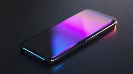 Poster - Black Smartphone with Glowing Purple and Blue Edges on a Dark Surface