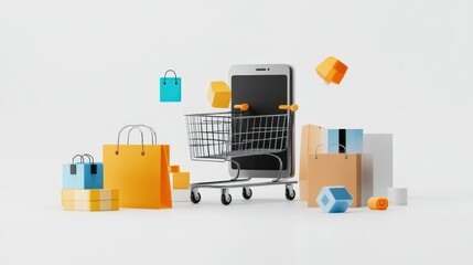 Poster - Smartphone, Shopping Cart, and Bags Representing Online Shopping