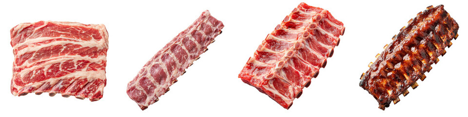 On a transparency background, the top view of pork ribs is shown in full length