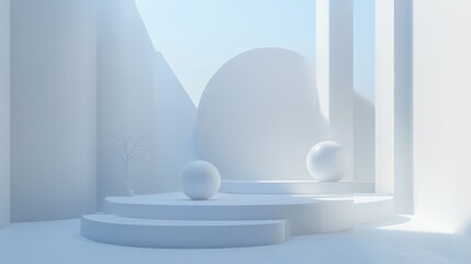 Poster - Minimalist White Platform with Spheres and Branch in a White Room