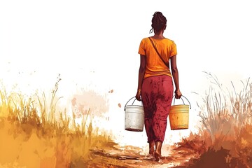 A woman carrying two buckets on a dirt path