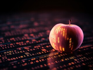 Peach binary code on dark, creating an atmosphere of data technology and cyber security. Focus on the binary number texture with copy space for photo 