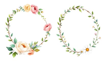 Wall Mural - Delicate floral wreath with pink roses, white anemone flowers, and green leaves on a light background