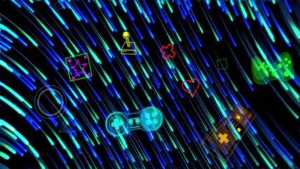 Poster - Colorful gaming icons over blue and green streaks, animation of digital gaming theme