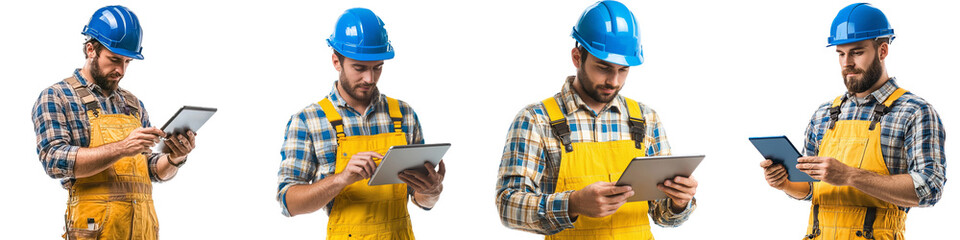 A male manual worker in a blue helmet using a digital tablet against a transparency