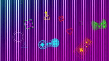 Poster - Gaming icons and controllers over colorful vertical lines animation