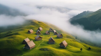 Misty village landscape at sunrise with warm light and trees. Serene rural morning scene.