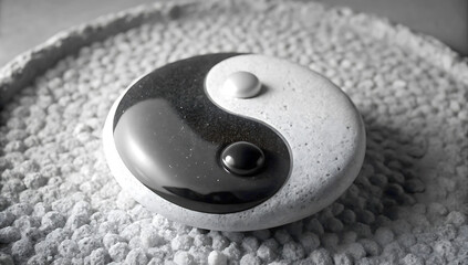 japanese rock garden featuring a large yin yang symbol in black and white at the center ,the garden 