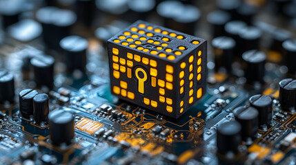 Wall Mural - Glowing lock-shaped component on circuit board. Concept of cybersecurity and data protection.