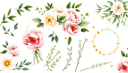 Canvas Print - A Watercolor wreath floral arrangement featuring pink roses, green leaves, and white flowers on a light background