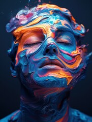 Wall Mural - Abstract face with vivid blue and orange paint swirls