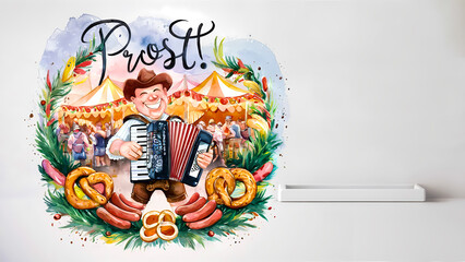 Festive Oktoberfest Joy: Happy Accordion Player with Vibrant Decorations and Prost Yupography!