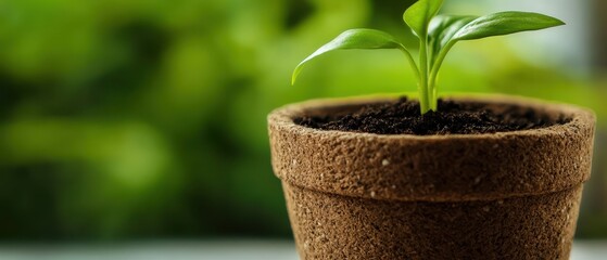 Wall Mural - Young Green Plant Growing in a Brown Pot with Fresh Soil Against a Blurred Green Background