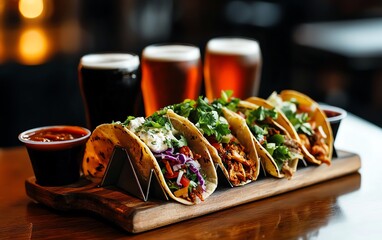 A delicious row of assorted tacos on a wood tray, accompanied by three types of beer, capturing an inviting dining experience.