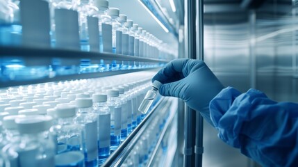 Poster - A person is holding a bottle of medicine in a blue lab coat
