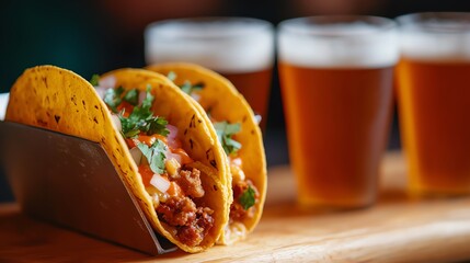 Delicious tacos with beer ready to serve at a restaurant or bar, perfect for a festive meal or a casual dining experience.