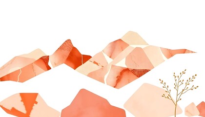 Wall Mural - Watercolor surreal landscape with abstract mountains in shades of orange, red, and gray. The mountains have a textured, layered appearance, creating a dreamlike and atmospheric scene. 