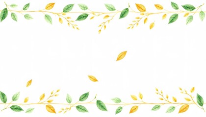 Wall Mural - Delicate branches with soft yellow flowers and green leaves framing a white background