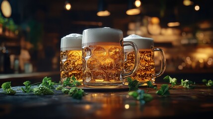 Three frosty beer mug on night bar table